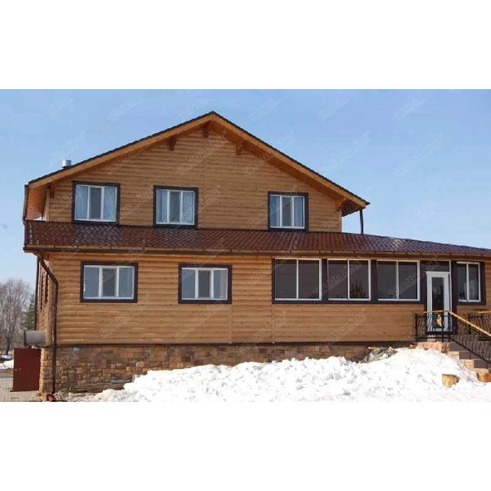 Металлический сайдинг Grand Line Сталь Блок-хаус 0.45 мм Print Twincolor с пленкой Golden Wood